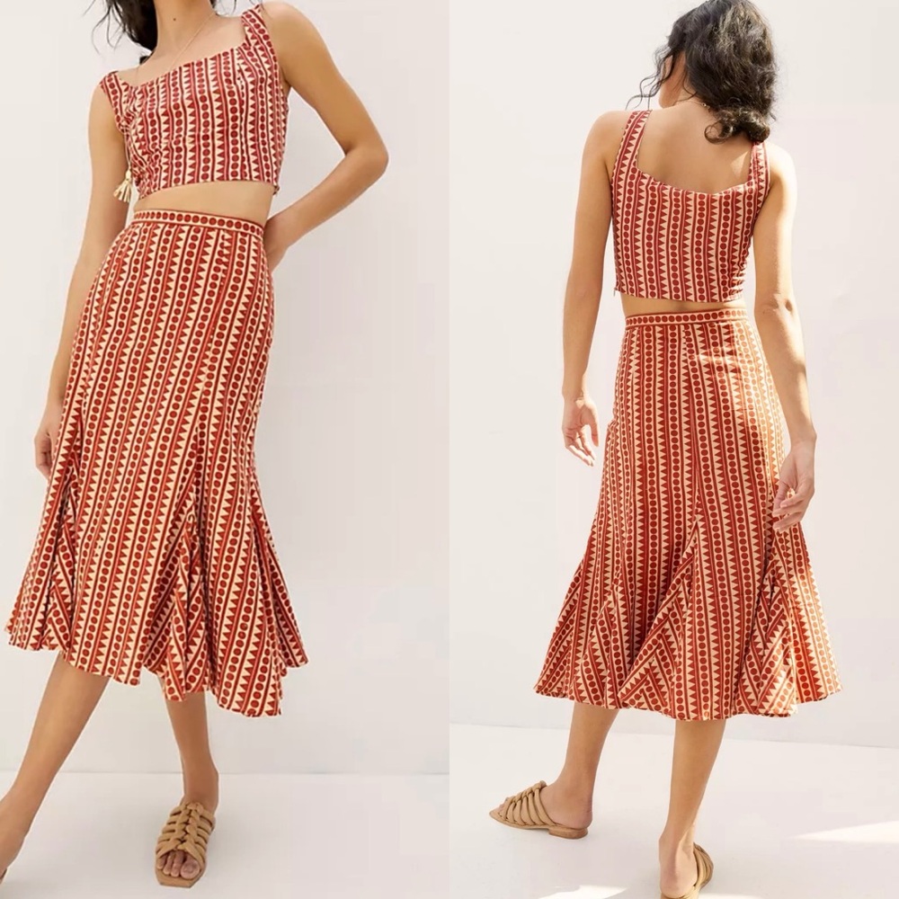 Eva Franco Red and Cream Printed Two-Piece Skirt Set